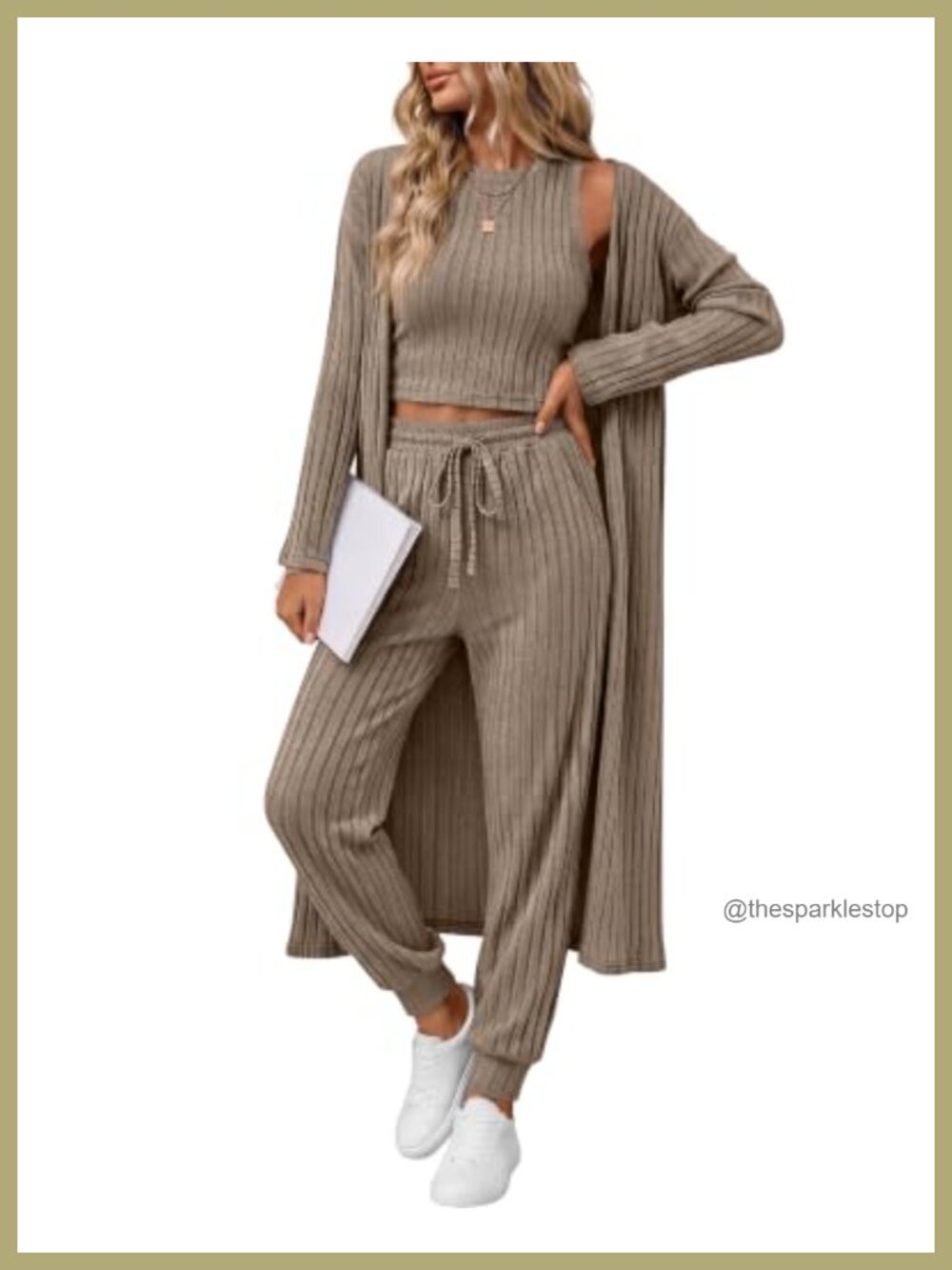 Women Ribbed 3 Piece Lounge Set Tank Jogger Cardigan